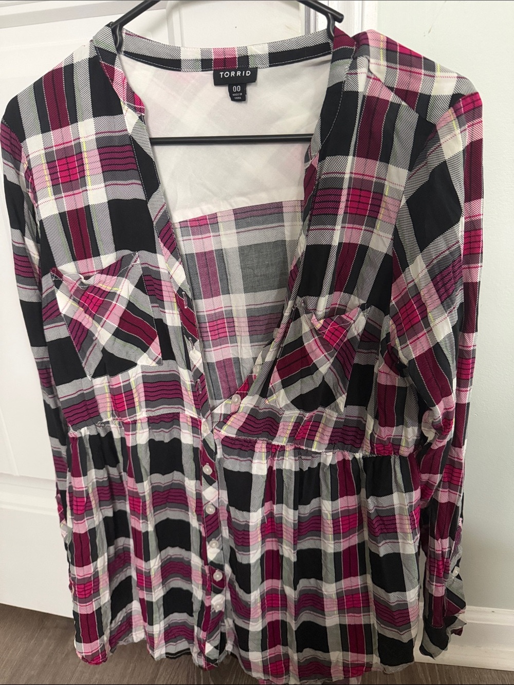 torrid Pink Black White Plaid Button-Front Peplum Blouse